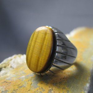 Mid Century Tiger Eye Signet Ring Sterling Silver